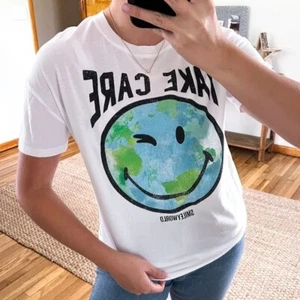Smiley World White "Take Care" Graphic Crew Neck Oversized Short Sleeve Tee S - Picture 1 of 5