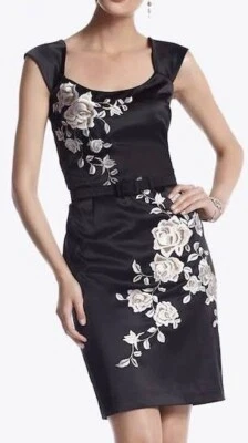 White House Black Market Black Satin Pencil Dress Belt Floral Embroidery size 6 - Image 1 of 4