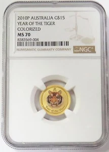 2010 GOLD AUSTRALIA $15 LUNAR YEAR OF THE TIGER COLORIZED NGC MS 70 - Picture 1 of 2