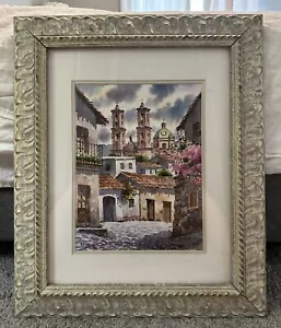 GUERRERO MEXICAN TOWN MISSION ORIGINAL WATERCOLOR Signed Martinez Vibrant Colors - Picture 1 of 14