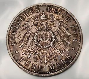1906 A Germany 5 Mark World Silver Coin Low Mintage Xf - Picture 1 of 2