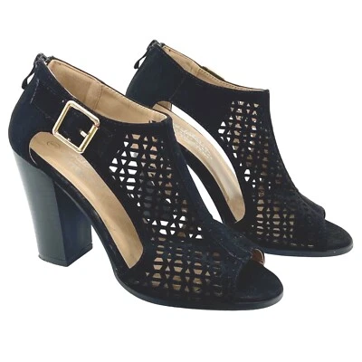 Botines Charles Albert Pennie de gamuza negros punta abierta recortados tacones al tobillo 6M Foto 1 de 4