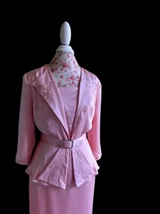Vintage 1980’s Wiggle Dress Pink Satin Rhinestone Belt Holiday Avant Garde 40’s - Picture 1 of 12