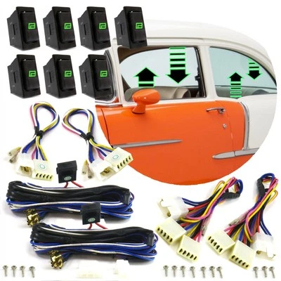 4 Door Car Power Window 7 Switch Kit w/ Red LED & Wiring Harness 12V Universal — 第 1/4 张图片