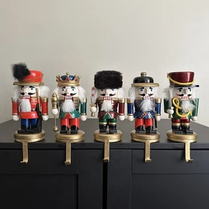 Set of 5 Nutcracker Stocking Holders 7 1/2" Wood Round Gold Metal Base Christmas - Picture 1 of 16