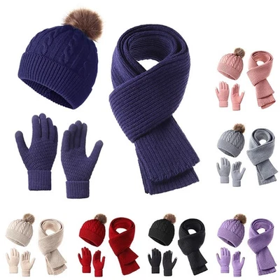 Hat Scarf and Gloves Set Ladies, Winter Beanie Hat for Women with Pom Pom Fleece