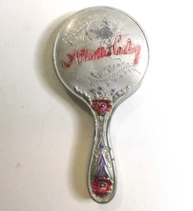 Antico specchio a mano souvenir Atlantic City del 1900 4 pollici, fiori Art Nouveau - Foto 1 di 10