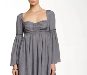 Free People GREY Silk Duchess Babydoll Mini Dress Scalloped Hem New 4 $250 Retai - Picture 1 of 12