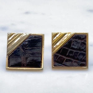 SWANK Vintage Gold Tone Brown Animal Leather Detail Square Bullet Back Cufflinks - Picture 1 of 8