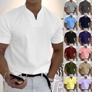 Mens Grandad Henley Shirts Tops Plain V Neck Short Sleeve Casual T-Shirt Tee - Picture 1 of 32