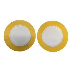 2 Crate & Barrel Hamptons Yellow White Ceramic Salad Plates Minimalist READ - Picture 1 of 2