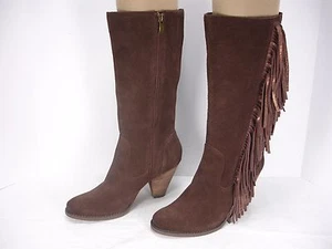 REBA COWGIRLY BROWN SUEDE FRINGES SIDE ZIP MID-CALF WESTERN BOOTS WOMEN'S 7.5 - Picture 1 of 11