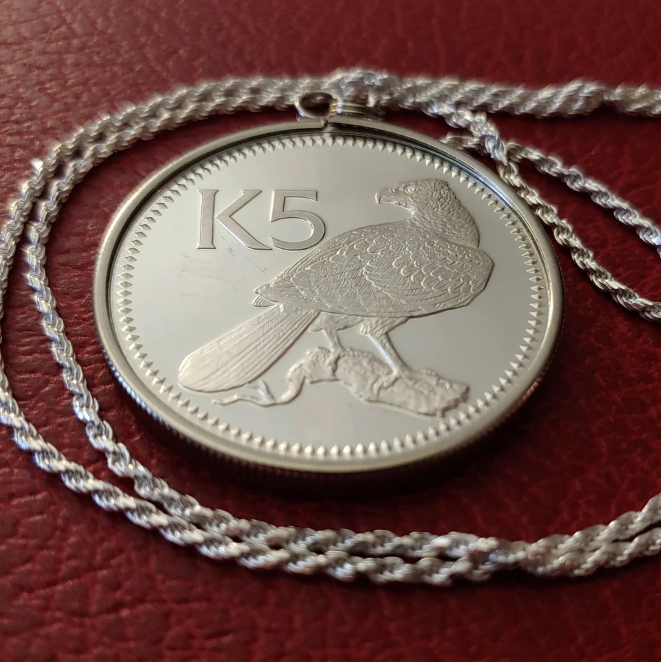 1976 Proof Silver Papua New Guinea Coin Charm & 28" Italian Sterling Rope Chain. - Image 1 of 4