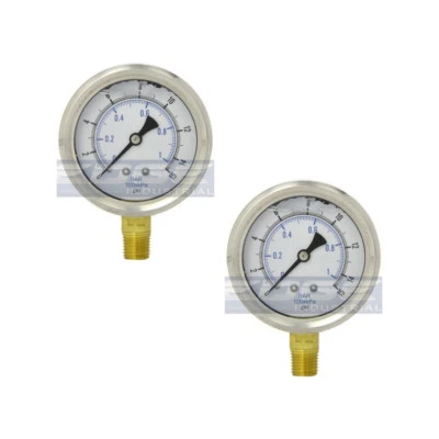 2 PACK LIQUID FILLED PRESSURE GAUGE 0-15 PSI, 2.5" FACE, 1/4" LOWER MOUNT WOG - Image 1 of 4