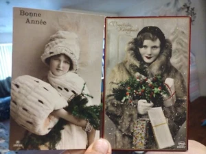Beautiful Ladies Vtg 1920-30s French Tinted RPPC Postcards. Winter Theme. Xmas?? - Picture 1 of 5
