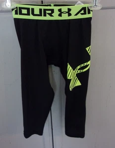 Boys Under Armour 3/4 Running Compression Pants Tights Fitted Black/green  S - Picture 1 of 6