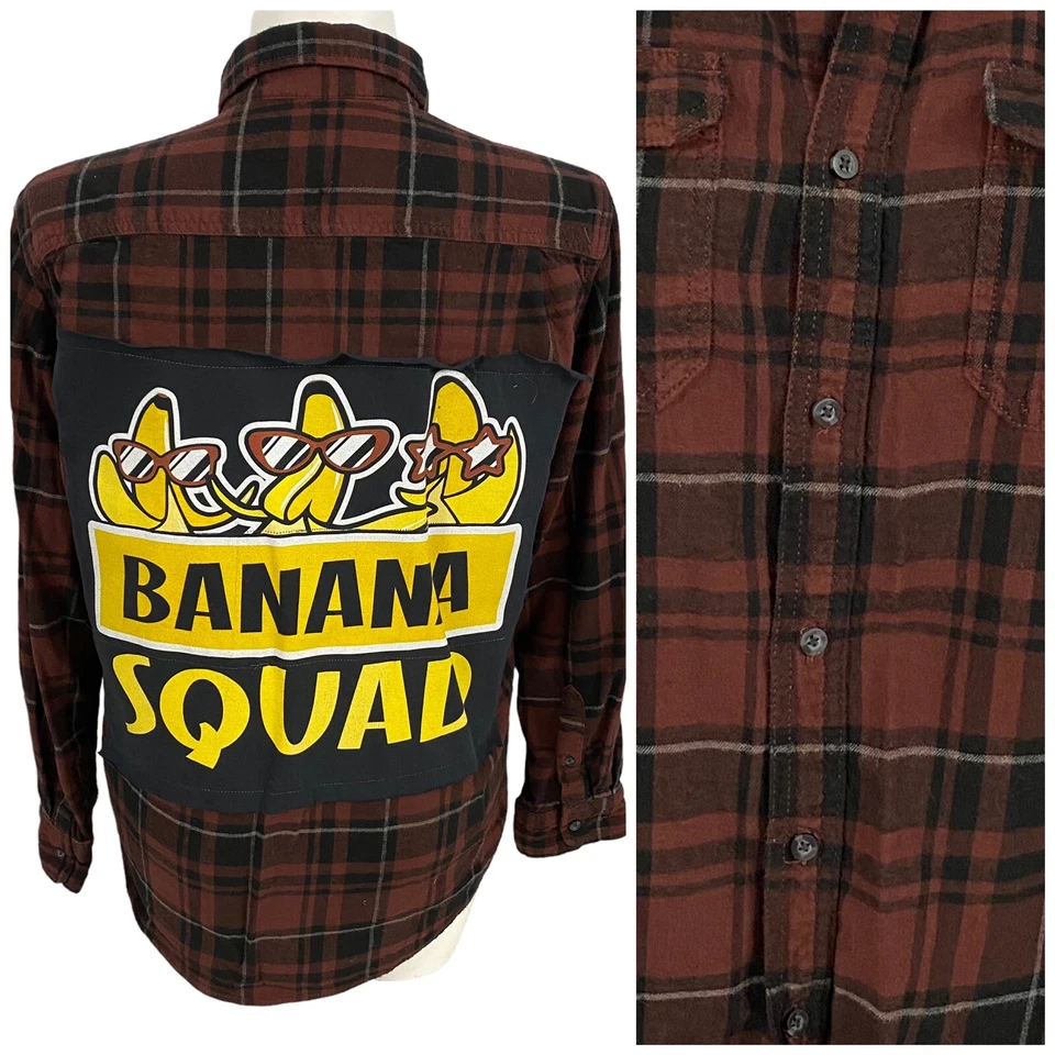 Upcycled Flannel Shirt Womens XL Shacket Banana Squad Brown Country Grunge - Image 1 of 4