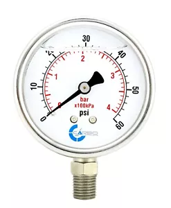 2" Pressure Gauge, Stainless Steel Case, Liquid Filled, Lower Mnt, 60 PSI - Picture 1 of 4