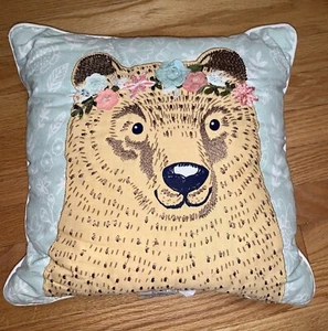 Pillowfort Bear Decorative Throw Pillow 16"x16" Embroidered Floral Woodland - Picture 1 of 4