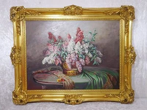 Cuadro al óleo pintura marco de madera suntuoso dorado vintage naturaleza muerta lila - 99 x 79 cm - Imagen 1 de 6