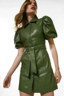 Vestido de cuero verde oliva para mujer genuino suave piel de cordero formal nuevo elegante vestido Foto 1 de 4