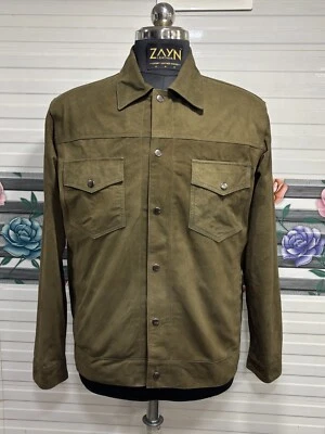 Men's Olive Green Suede Jacket Trucker Biker Shirt Snap Button Closure Casual Co - Image 1 of 4