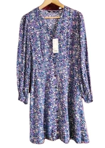 NWT Uniqlo Ladies Blue Floral Long Sleeve Viscose Dress Size M - Picture 1 of 6