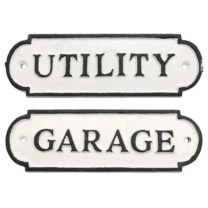 Cast Iron Garage/Utility Signs (Set of 2); Black and White Rustic Room Signs - Picture 1 of 9