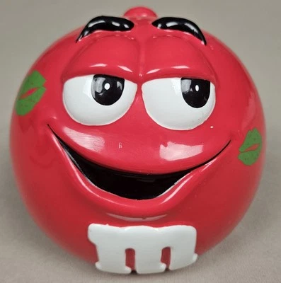 M&M Red Ceramic Cookie Jar Candy Galerie Green Kiss Lips 2003 Vintage Valentines - Image 1 of 4