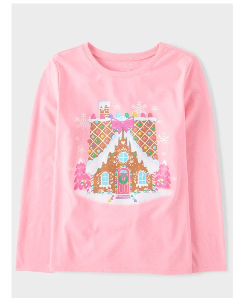 Children’s PlaceGirls Christmas Gingerbread House Graphic Tee - pink - Image 1 of 1
