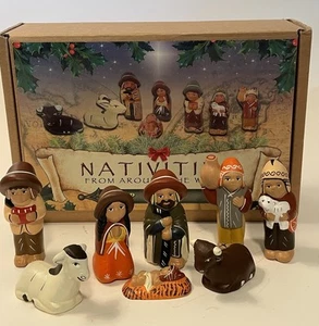 Handmade Pottery Nativity Scene Set of 8 Christmas Decor Peruvian in Box - Picture 1 of 10