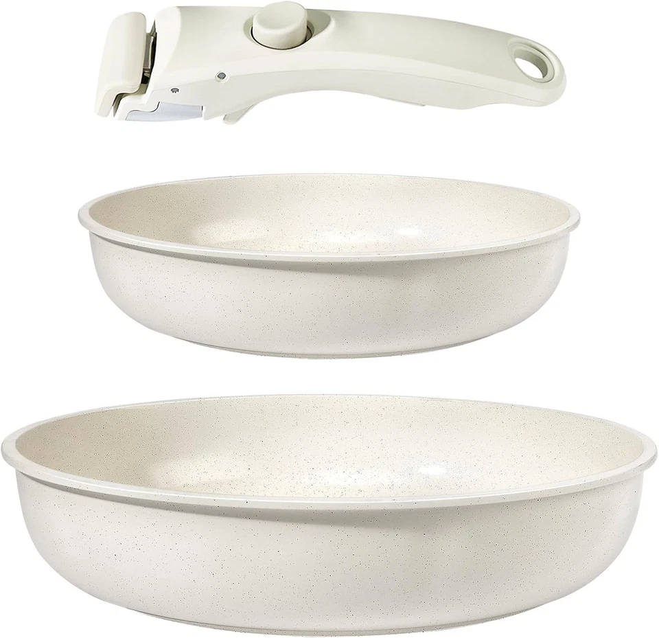 3pcs White Non Stick Cookware Set with Detachable Handle Frying Pan - Image 1 of 4