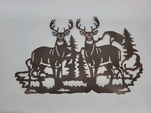 Metal Wall Art 2 Deer in the Forest Hanging Cabin Decor Powder Coated 12" X18" - Picture 1 of 7