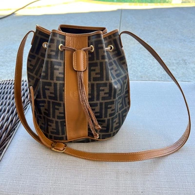 Vintage Fendi Zucca FF Drawstring Bucket Bag Medium Handbag Purse - Image 1 of 4