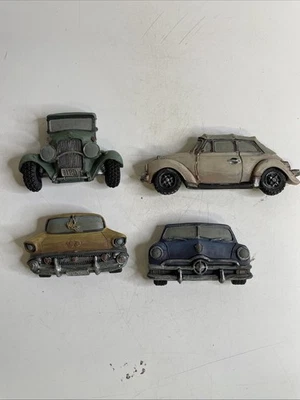 Old Car Magnets Hand Painted Lot Of 4 Vintage Wooden Unique Handmade Art Gift - Photo 1/4