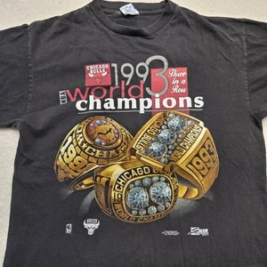 Vintage 1993 Chicago Bulls Mens L Salem Three Peat World Champions Black T Shirt - Picture 1 of 10