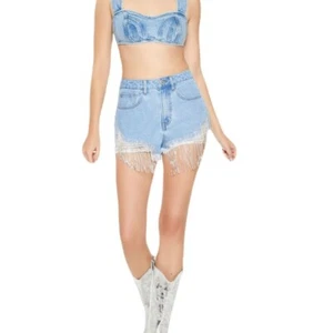 High-Waisted Blue Jean Shorts with Frayed Hem - Picture 1 of 5