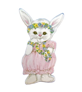 Potpourri Press PIN Easter Vintage BUNNY RABBIT FLOWER LEI Girl WOOD 1992 Brooch - Picture 1 of 2