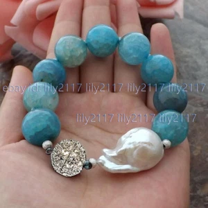 Huge Natural 12MM Blue Agate Round Gems White Keshi Baroque Pearl Bracelet 7.5'' - Picture 1 of 4