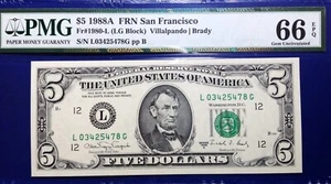 1988A $5 Federal Reserve Note Fr-1980-L San Francisco PMG66 Gem EPQ - Picture 1 of 2