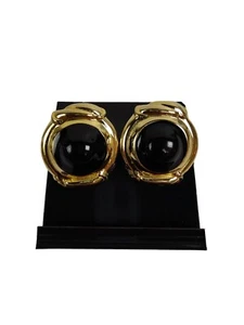 VINTAGE Givenchy  Paris New York Clip Earrings Black Gold Enamel - Picture 1 of 8