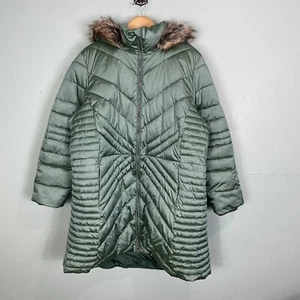 Lands End Puffer Jacket Primaloft Faux Fur Hood Zip Up Sz 2X Green Fleece Lined - Picture 1 of 4
