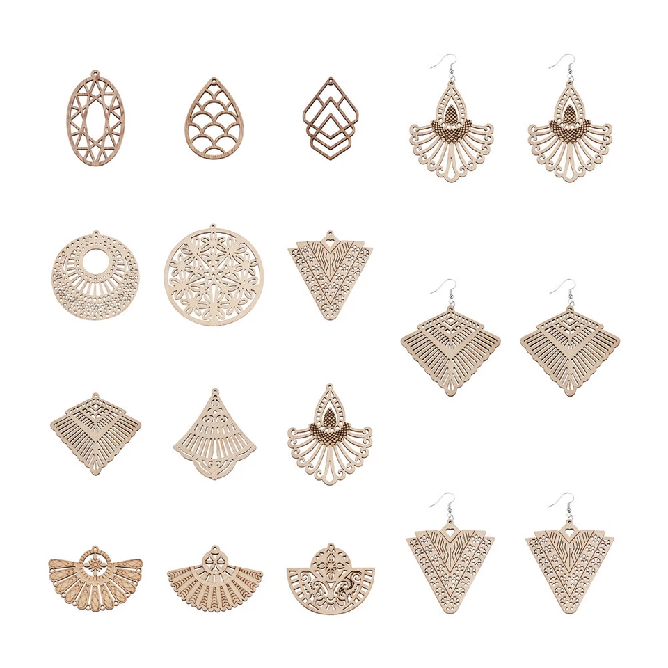 1 conjunto de pingentes grandes antigos brancos de madeira natural cortados a laser achados - Imagem 1 de 4