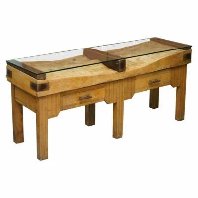 RESTORED CIRCA 1920'S HENNES FRANCE BUTCHERS TABLE BRONZED MOUNTS GLASS TOP - Image 1 of 4