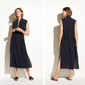 Vince Indigo Shadow Dot Draped Neck Sleeveless Dress Size S Silk Pockets Chiffon - Picture 1 of 10