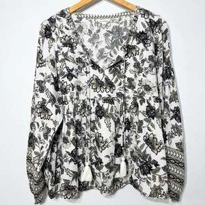 Lucky Brand Shirt Womens XL Natural Border Split Neck BabyDoll Floral Boho - Picture 1 of 12