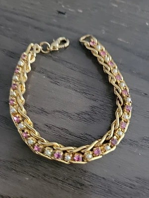 Brazalete Tenis Mini Perla Imitación Estrás Rosa Tono Dorado Vintage  Foto 1 de 4