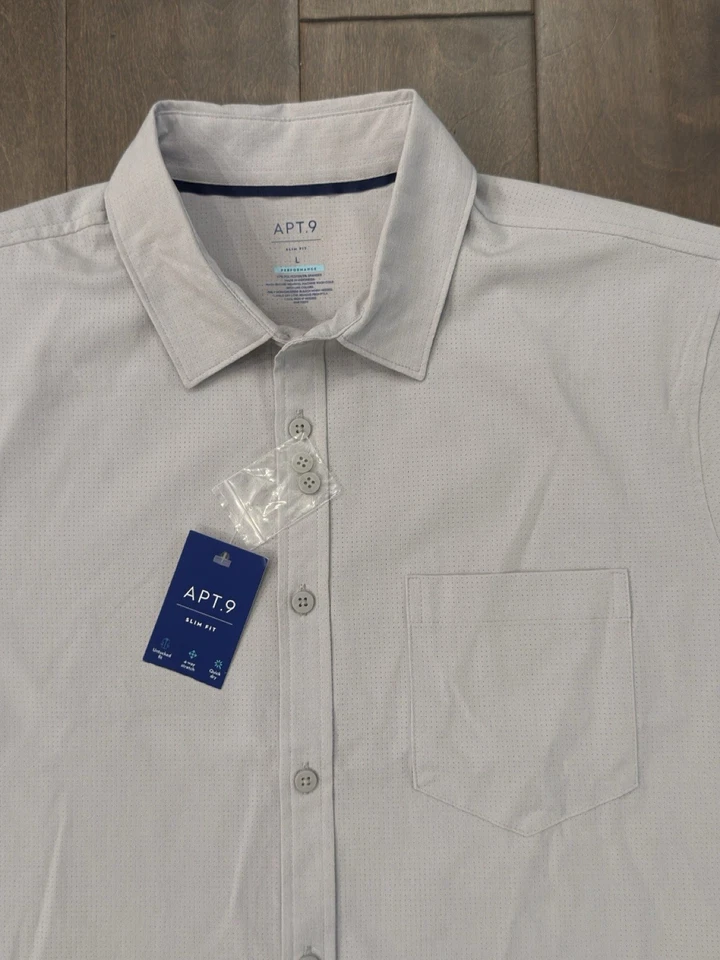 Camisa Apt 9 ajustada con botones rendimiento para hombre L gris manga corta elástica nueva con etiquetas Foto 1 de 4