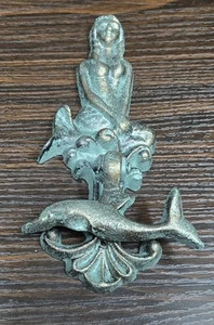 7½" Cast Iron Mermaid Dolphin Door Knocker Nautical Beach Decor Patina Bronze - Picture 1 of 5