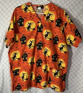 HALLOWEEN Themed Scrub Top Medium Orange Nurse Kids Vet Witch Bats House - Picture 1 of 11